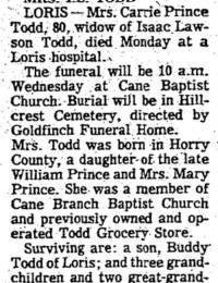 Carrie Prince Todd obituary