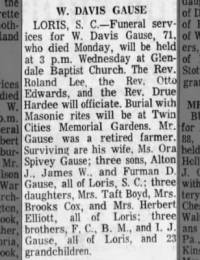 William Davis Gause (1894-1966) - Obituary, The News and Observer 8/17/1966
