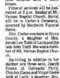 Velma Todd Cooke obituary