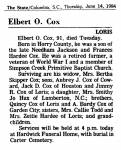 Elbert O Cox obituary