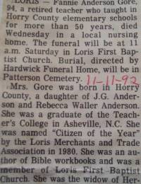 Fannie Anderson Gore obituary