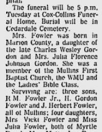 Mattie Elizabeth Gordon Fowler obituary