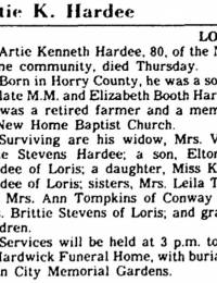 Artie Kenneth Hardee Obit.