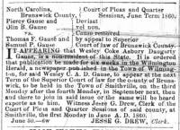 Wesley Gause notice from The Wilmington Daily Herald, 3 Jul 1860, Tue, Page 3