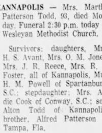 Obituary for Martha Patterson Todd (Aged 93)