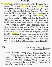 West Family Register Pgs 383-384 Amended Notes William West and Letitia Martin son William