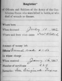 Confederate Register of killed or died. Died July 10, 1862.