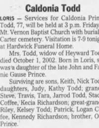 Obituary for Caldonia Prince Todd (Aged 77)